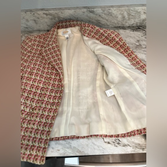 TALBOTS TWEED PINK BEIGE TAN WHITE ACCENT BUTTON UP BLAZER JACKET SIZE 4P - Picture 7 of 12